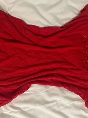 bebe Red Ribbed Short Sleeve Top with Embellished Logo